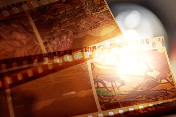 Obraz premium Negative photographic films in the light of the projector