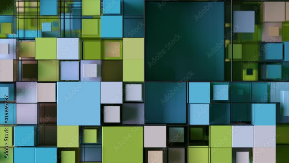 Poster abstract background with motion cubes. an array of different sized squares in a grid. 3d animation o