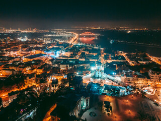 Aerial view of the 19th century St. Andrew's Church in the center of Kiev at night in winter