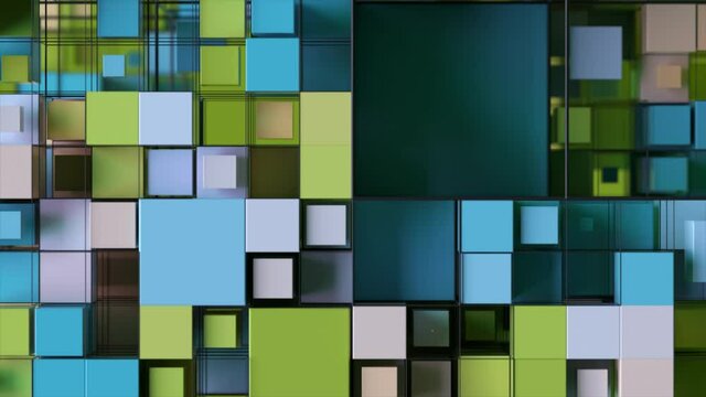 Abstract background with motion cubes. An array of different sized squares in a grid. 3d animation of a seamless loop