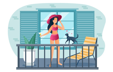 Young female character is sunbathing on balcony of residential building. Girl in swimsuit, hat and glasses tans under sun on open terrace in apartment or hotel room. Flat cartoon vector illustration