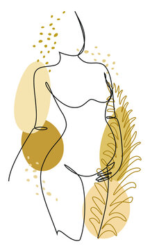 recommend clip art: Silhouettes of the figure of a girl and a leaf of a plant in a modern one-line style. The woman is pregnant. Solid line, aesthetic outline for decor, posters, stickers, logo. Vector illustration.