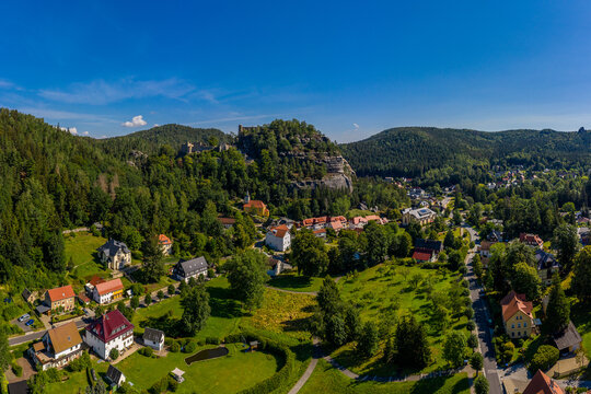 Panoramic view of Mount Oybin and the ruins of the monastery church and the castle, Germany. Drone photography