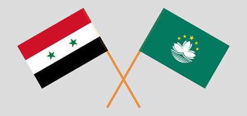 Crossed flags of Syria and Macau. Official colors. Correct proportion