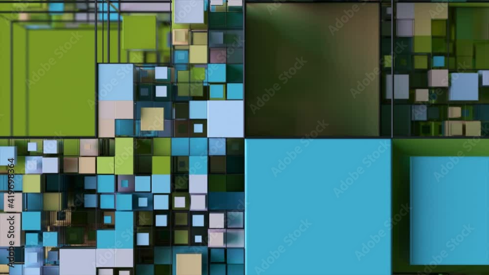 Poster abstract background with motion cubes. an array of different sized squares in a grid. 3d animation o