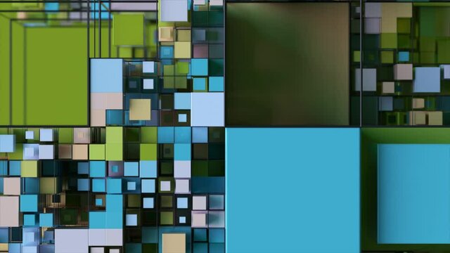 Abstract background with motion cubes. An array of different sized squares in a grid. 3d animation of a seamless loop