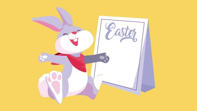 happy easter lettering with cute rabbit and banner