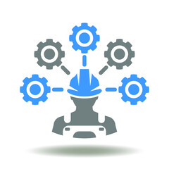 Worker with gears icon vector. Roles and responsibility symbol. Worker procedure, operations, function, duty, task illustration.