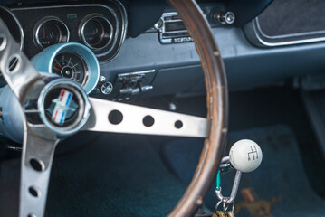 USA, Massachusetts, Cape Ann, Gloucester. Antique car, 1960's-era Ford Mustang interior