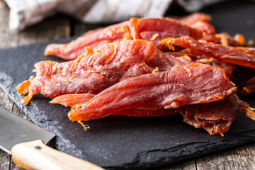 Dried chicken meat. Tasty jerky meat.