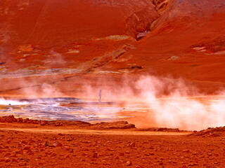 Iceland Surreal geothermal valley Hverir, martian landscape,  Namaskard geothermal area displays...