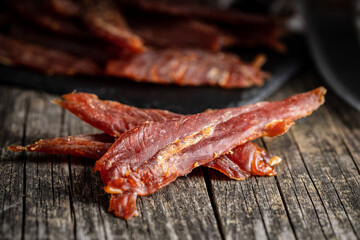 Dried chicken meat. Tasty jerky meat.