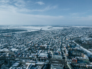 Aerial view from a drone of the city of Nizhyn, Chernihiv region in winter