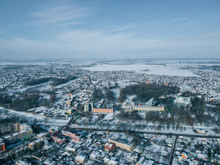 Aerial view from a drone of the city of Nizhyn, Chernihiv region in winter