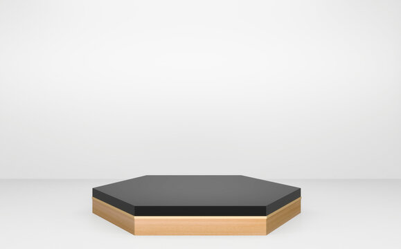 Black hexagon podium wooden design on white background minimal design. 3D rendering
