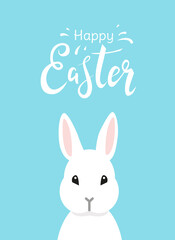 Happy Easter. Cute greeting card or poster design with white flat cartoon rabbit and handwritten lettering on blue background. - Vector illustration