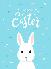 Happy Easter cute greeting card with hand drawn lettering, white bunny and brash strokes on blue background. - Vector illustration