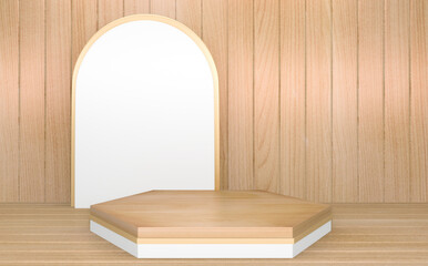 Fototapeta na wymiar Circle White wooden Podium minimal geometric and decoration japanese style abstract.3D rendering