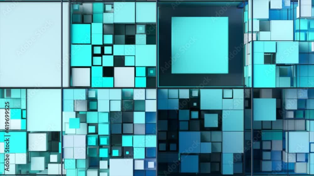 Poster abstract background with motion cubes. an array of different sized squares in a grid. 3d animation o
