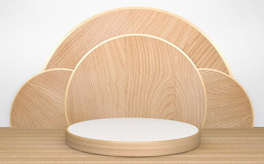 The Circle White wooden Podium minimal geometric abstract.3D rendering