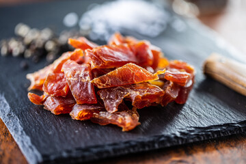 Dried chicken meat. Tasty jerky meat.