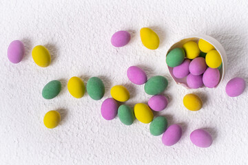 Colorful easter eggs in shell on white background. Background with easter eggs.