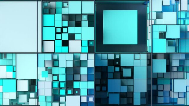 Abstract background with motion cubes. An array of different sized squares in a grid. 3d animation of a seamless loop