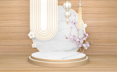 Circle White wooden Podium minimal geometric and decoration japanese style abstract.3D rendering