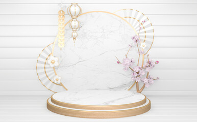 Circle White wooden Podium minimal geometric and decoration japanese style abstract.3D rendering