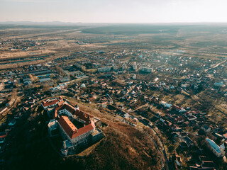 Aerial drone view of the medieval Palanok castle in the city of Mukachevo in western Ukraine