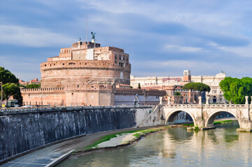 Castle of the Holy Angel (Castel Sant'Angelo) and St. Angel bridge (Ponte Sant'Angelo) over Tiber...