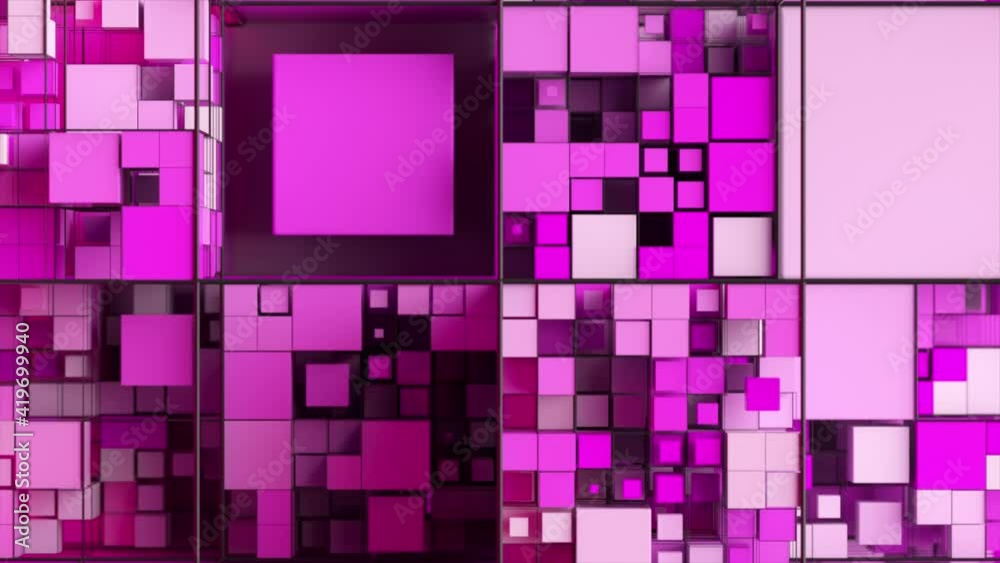 Poster abstract background with motion cubes. an array of different sized squares in a grid. 3d animation o