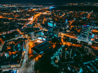 Fototapeta premium Aerial view from a drone of the business center of the capital of the metropolis Kyiv at night