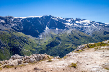 Mountain glaciers landscape view from the Petit Mont Blanc in Pralognan la Vanoise, French alps