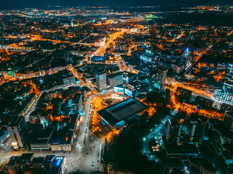 Aerial view from a drone of the business center of the capital of the metropolis Kyiv at night © Hennadii
