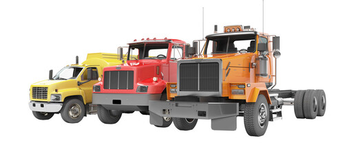 3d rendering group of heavy vehicles for transportation on white background no shadow