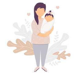 Motherhood. Happy woman in trousers with a newborn girl in her arms in full growth stands against a background of a pattern of leaves and plants. Vector illustration. Happy family - mom and daughter