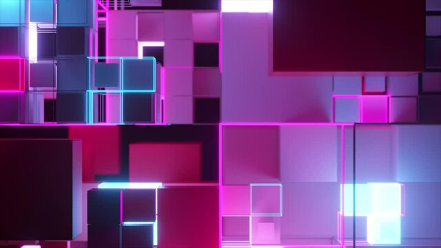 Abstract background with motion cubes. An array of different sized squares in a grid. 3d animation of a seamless loop