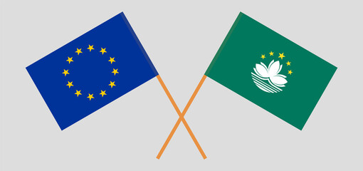 Crossed flags of the European Union and Macau. Official colors. Correct proportion