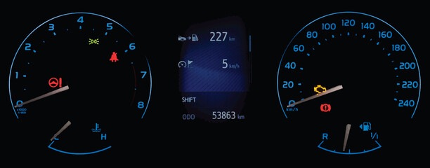 Vector illustration of car instrument panel with speedometer, tachometer, odometer, fuel gauge, oil temperature gauge, check engine icon, seat belt reminder. Car dashboard in blue. Fuel range display.