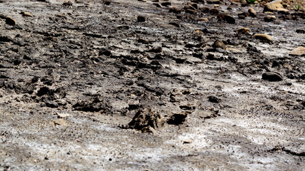 Dry lake environment, rocks, mud, climate change problems, pollution