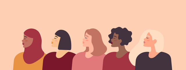 Vector banner with women of different nationalities and cultures.