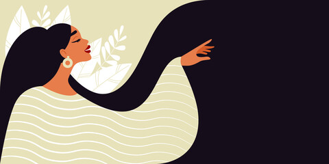 Beautiful woman with long hair makes a graceful gesture with her hand. Modern illustration of Women's Day. 8th March. Template for cards, greetings, flyer, banner. 