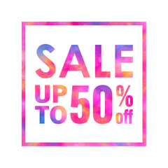 Sale banner with a bright colorful abstract texture on white background. Sale up to 50% off words written with colorful rainbow waves. Type with red, yellow, blue and violet colors for print and web.