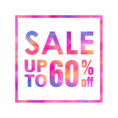 Sale banner with a bright colorful abstract texture on white background. Sale up to 60% off words written with colorful rainbow waves. Type with red, yellow, blue and violet colors for print and web.