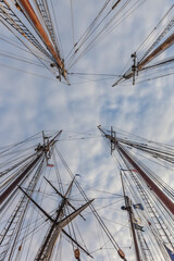 USA, Massachusetts, Cape Ann, Gloucester. Gloucester Schooner Festival, schooner masts.