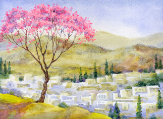 Aquarelllandschaft. Blühender Mandelbaum auf einem Berg über der Stadt © Marina