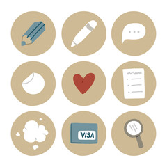 Instagram highlights stories covers flat icons for bloggers. Set of 9 highlights covers. Fully editable vector file. Vector isolated illustration.