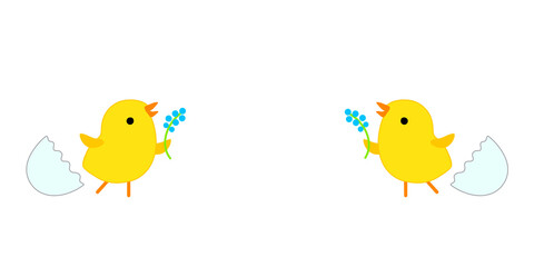 Two yellow chicks congratulate each other on the holiday and give blue flowers. Cute cartoon vector illustration isolated on white background. Can be used for Easter and Birthday decoration.