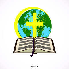 Religious logo symbolizes the Bible reading around the world. The image of the globe, the Bible, the cross as icons.